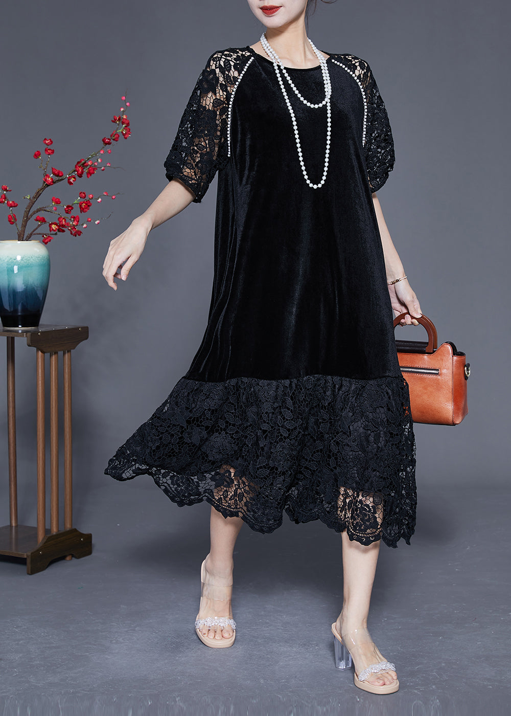 French Black Hollow Out Lace Patchwork Silk Velour Maxi Dresses Summer LY1765 - fabuloryshop