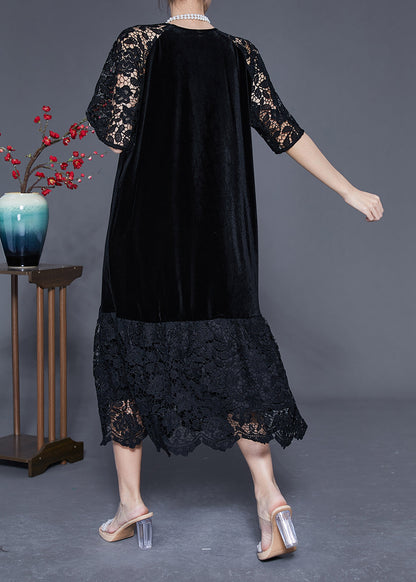 French Black Hollow Out Lace Patchwork Silk Velour Maxi Dresses Summer LY1765 - fabuloryshop