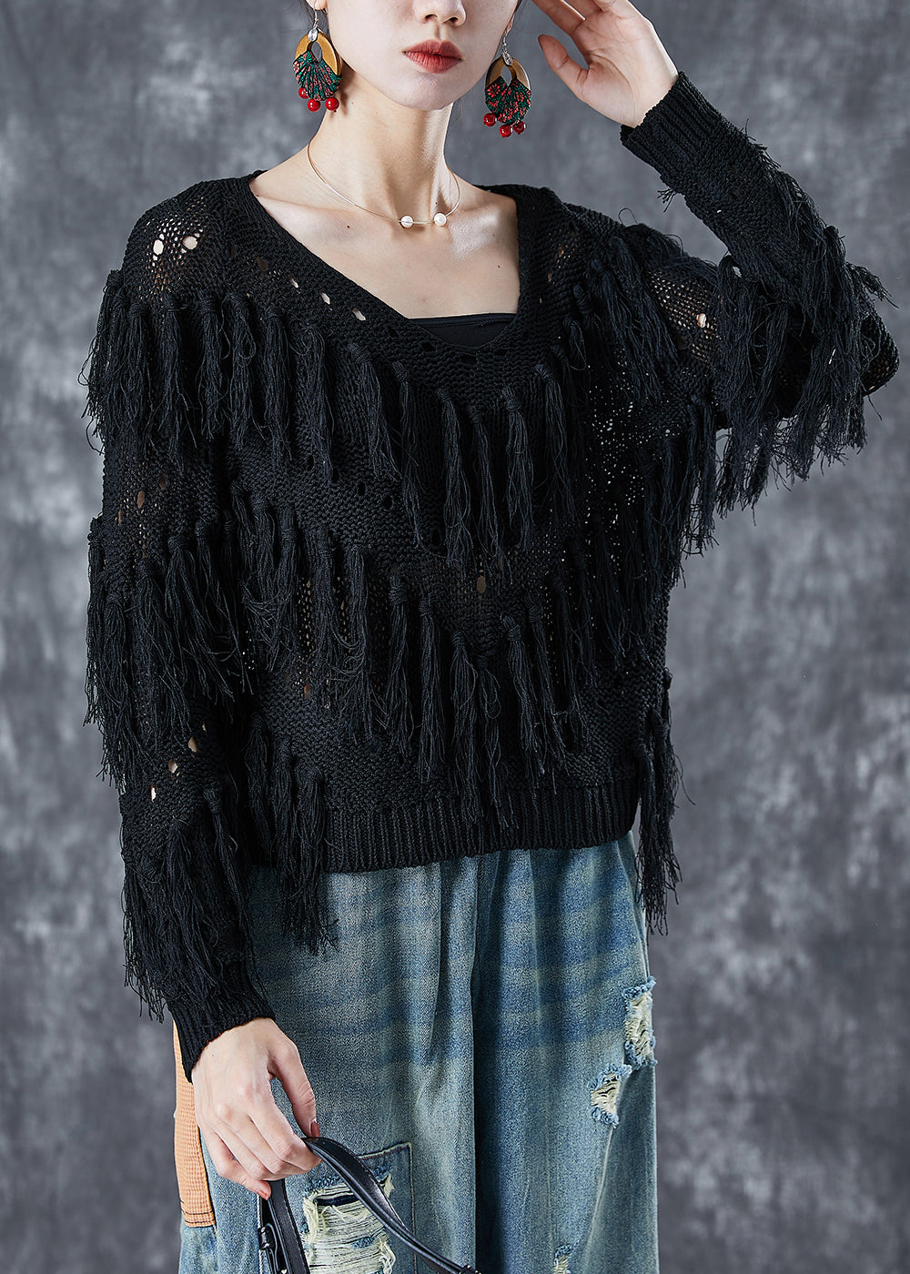 French Black Hollow Out Tassel Knit Top Summer LY5695 - fabuloryshop