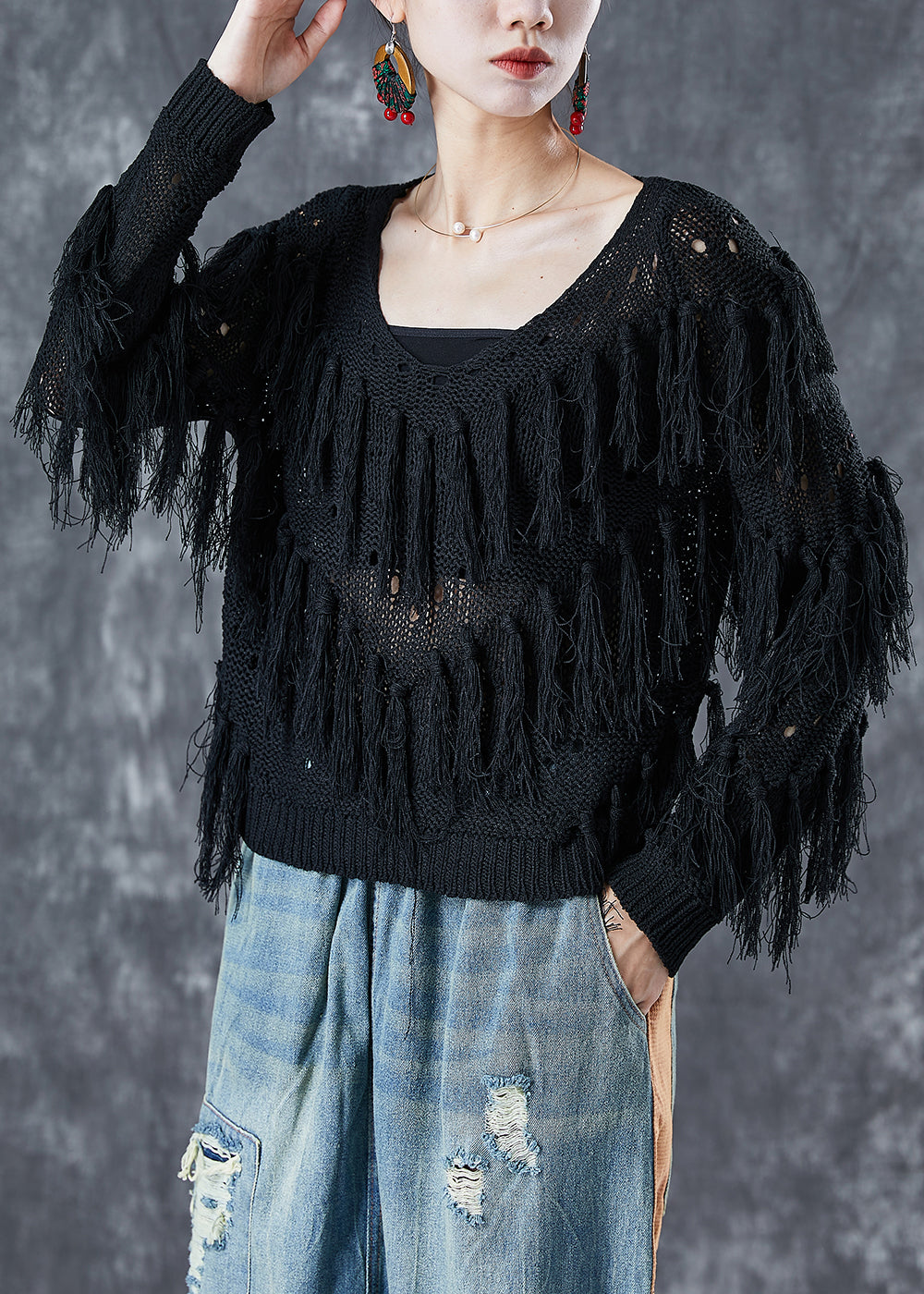 French Black Hollow Out Tassel Knit Top Summer LY5695 - fabuloryshop