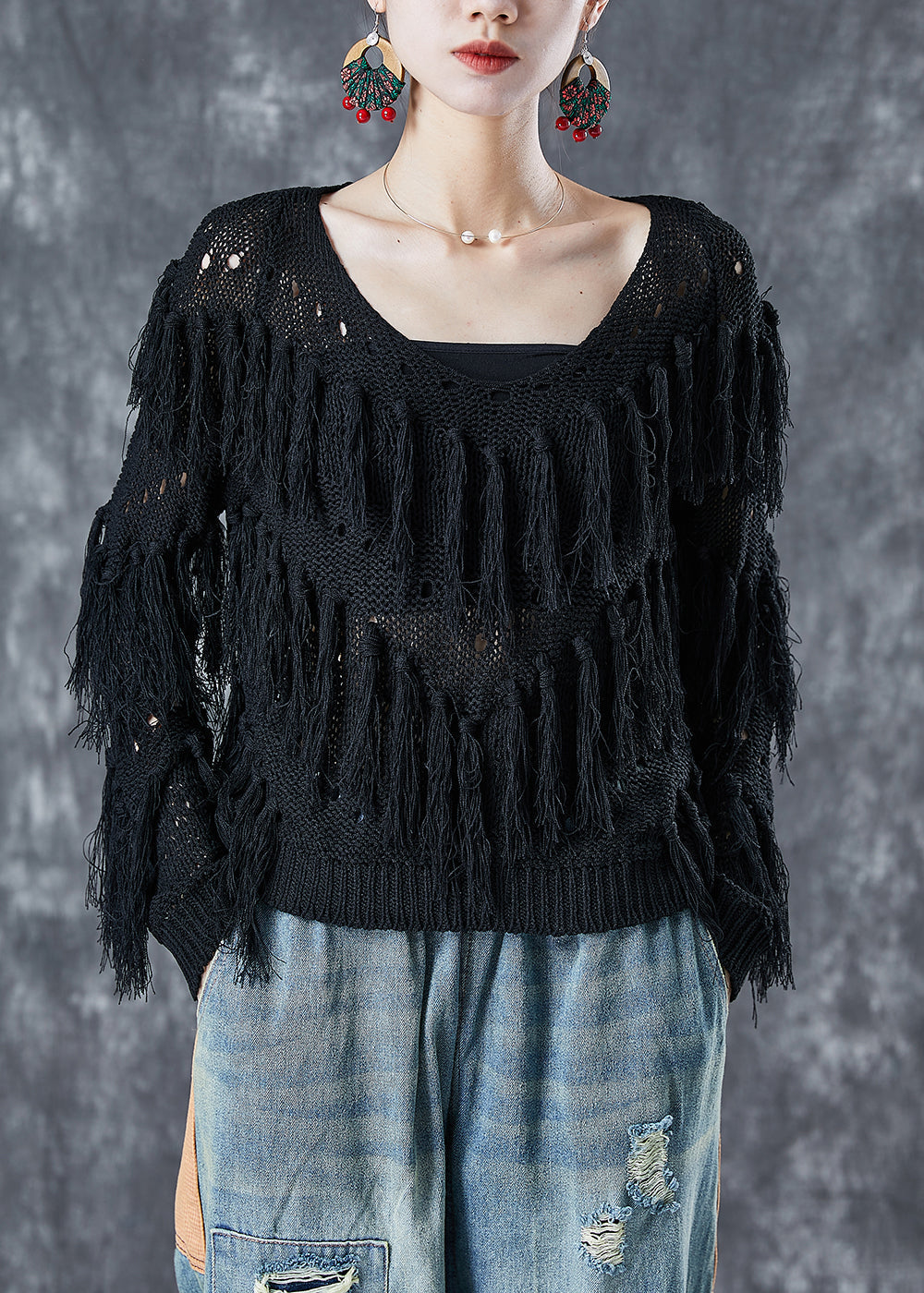 French Black Hollow Out Tassel Knit Top Summer LY5695 - fabuloryshop