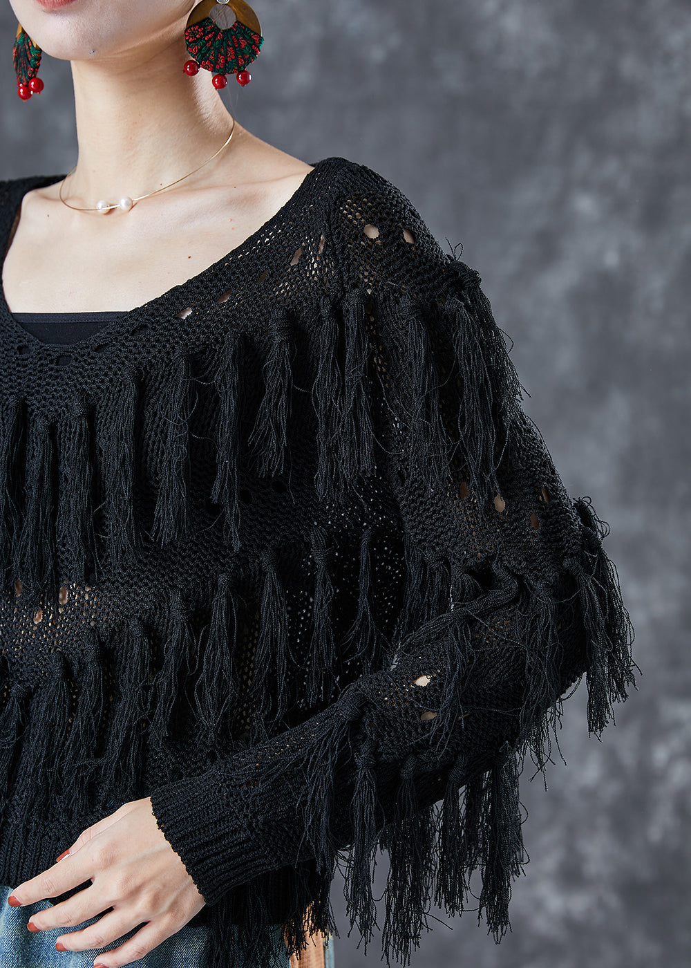 French Black Hollow Out Tassel Knit Top Summer LY5695 - fabuloryshop