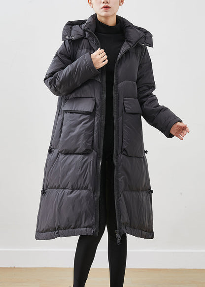 French Black Hooded Big Pockets Duck Down Jacket In Winter Ada Fashion