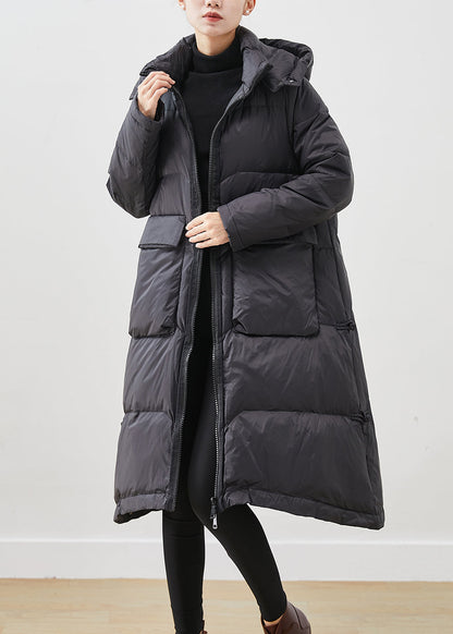 French Black Hooded Big Pockets Duck Down Jacket In Winter Ada Fashion