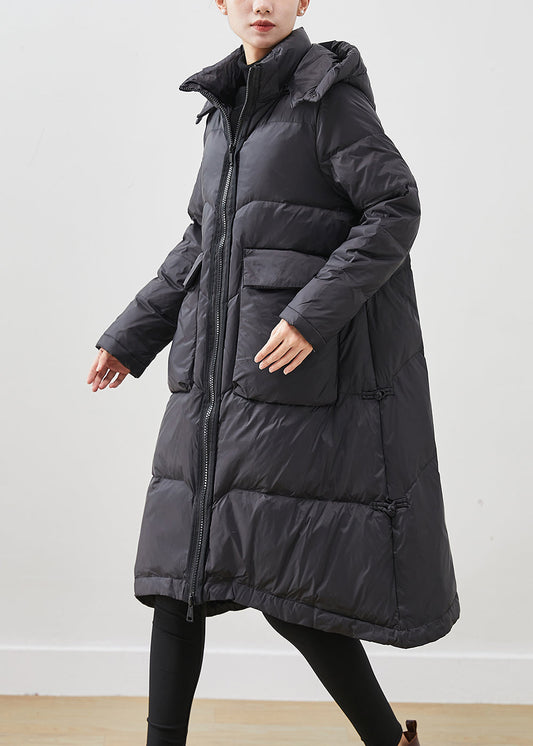 French Black Hooded Big Pockets Duck Down Jacket In Winter Ada Fashion