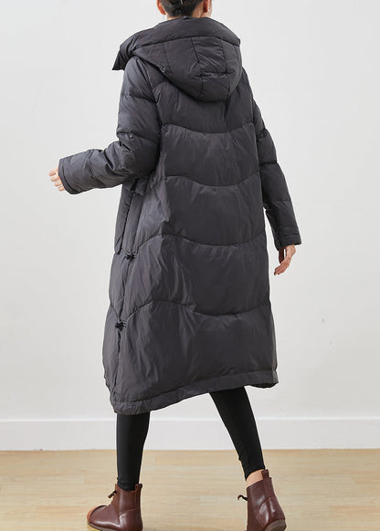 French Black Hooded Big Pockets Duck Down Jacket In Winter Ada Fashion