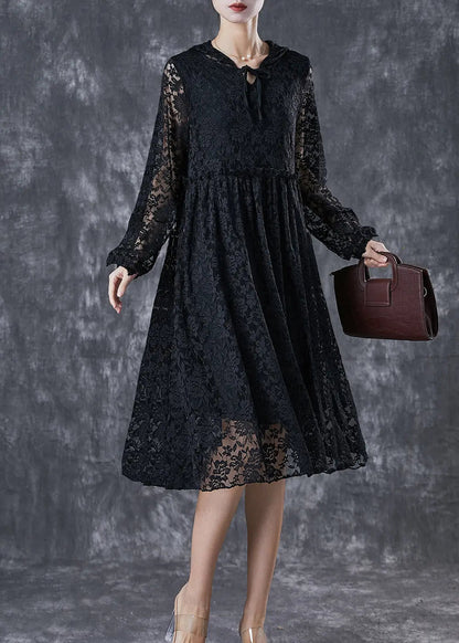 French Black Hooded Hollow Out Lace Maxi Dresses Fall Ada Fashion