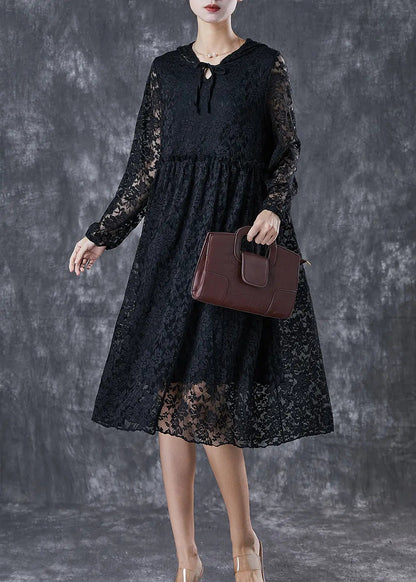 French Black Hooded Hollow Out Lace Maxi Dresses Fall Ada Fashion