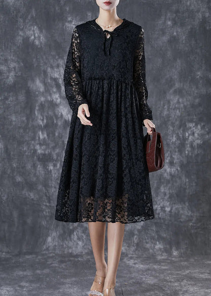 French Black Hooded Hollow Out Lace Maxi Dresses Fall Ada Fashion