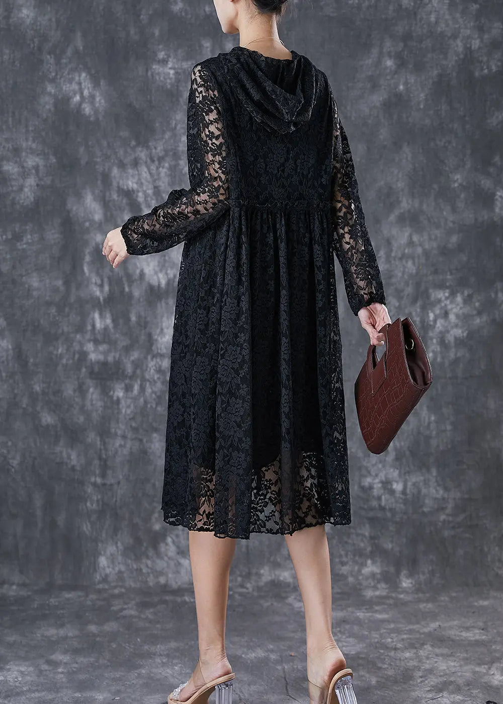 French Black Hooded Hollow Out Lace Maxi Dresses Fall Ada Fashion