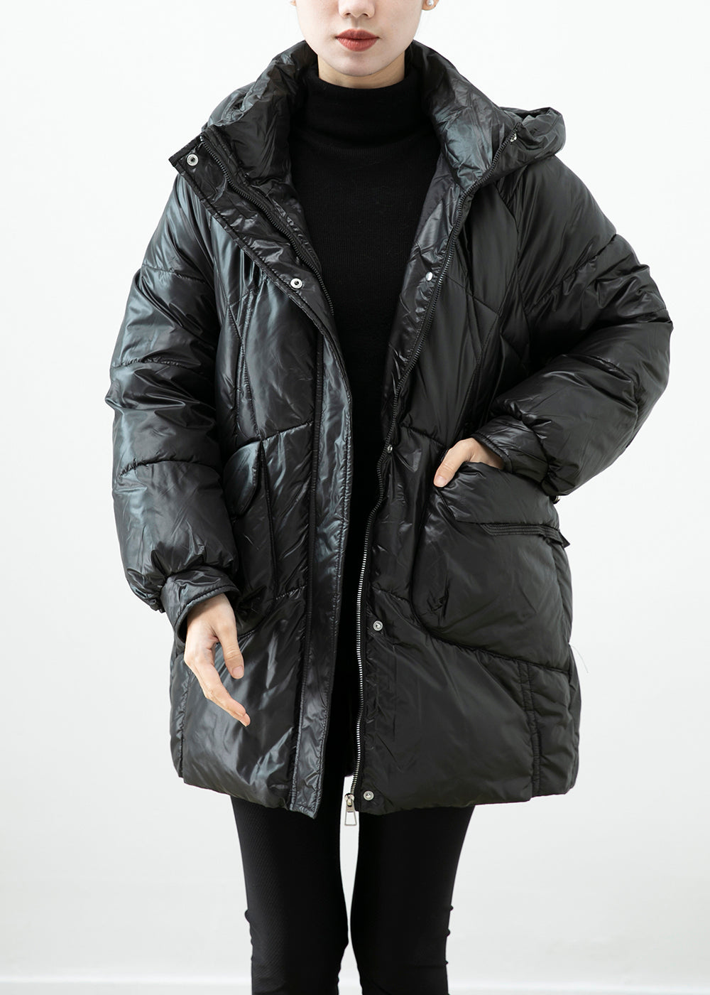 Manteau d'hiver en coton fin avec poches à capuche noir français ML2456