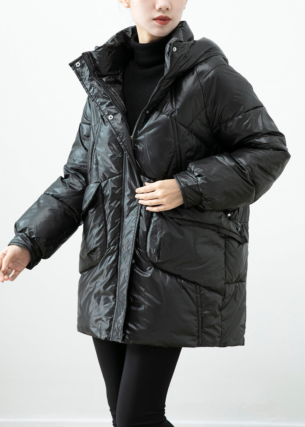 Manteau d'hiver en coton fin avec poches à capuche noir français ML2456