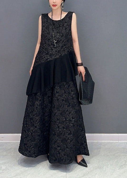 French Black Jacquard Asymmetrical Patchwork Ruffles Silk Two Piece Set Outfits Sleeveless LY1567 - fabuloryshop