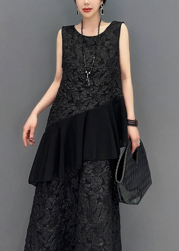 French Black Jacquard Asymmetrical Patchwork Ruffles Silk Two Piece Set Outfits Sleeveless LY1567 - fabuloryshop