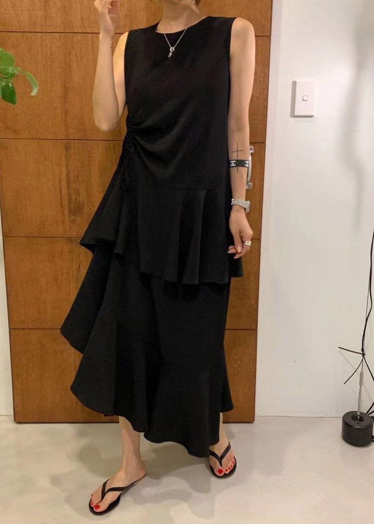 French Black O-Neck Asymmetrical Drawstring Ruffled Maxi Layered Dress Summer LY2097 - fabuloryshop