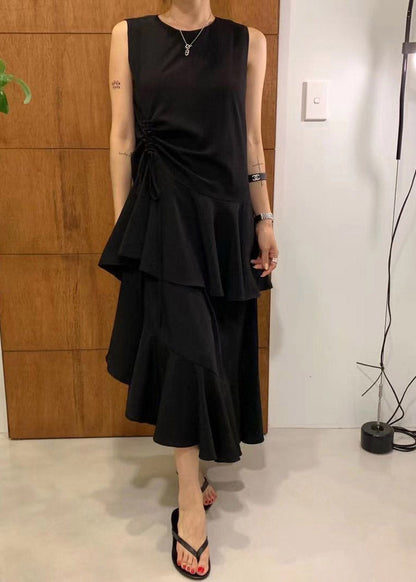 French Black O-Neck Asymmetrical Drawstring Ruffled Maxi Layered Dress Summer LY2097 - fabuloryshop