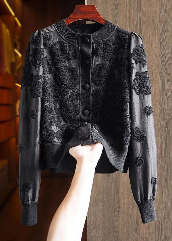 French Black O-Neck Button Silk Wool Patchwork Knit Coat Long Sleeve Ada Fashion