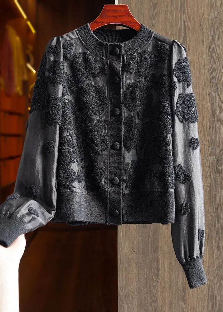 French Black O-Neck Button Silk Wool Patchwork Knit Coat Long Sleeve Ada Fashion