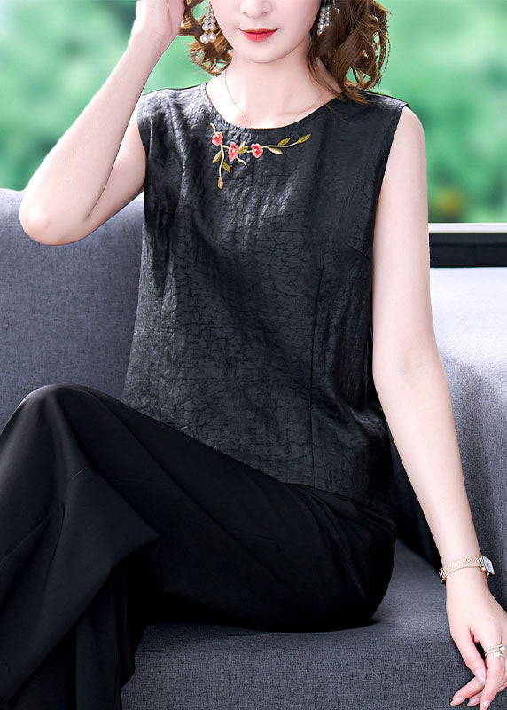 French Black O-Neck Embroideried Patchwork Silk T Shirt Tops Sleeveless LY0428 - fabuloryshop