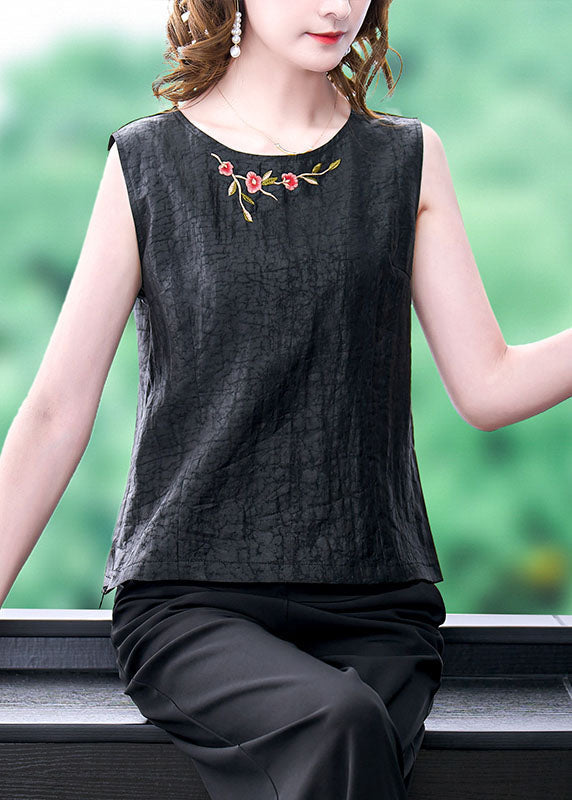 French Black O-Neck Embroideried Patchwork Silk T Shirt Tops Sleeveless LY0428 - fabuloryshop