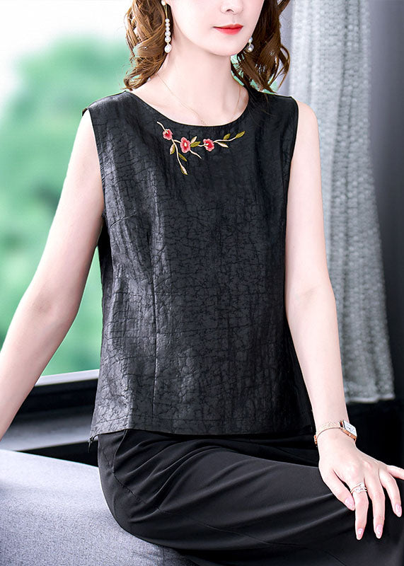 French Black O-Neck Embroideried Patchwork Silk T Shirt Tops Sleeveless LY0428
