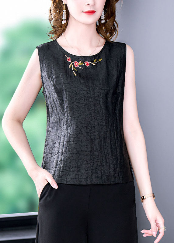 French Black O-Neck Embroideried Patchwork Silk T Shirt Tops Sleeveless LY0428