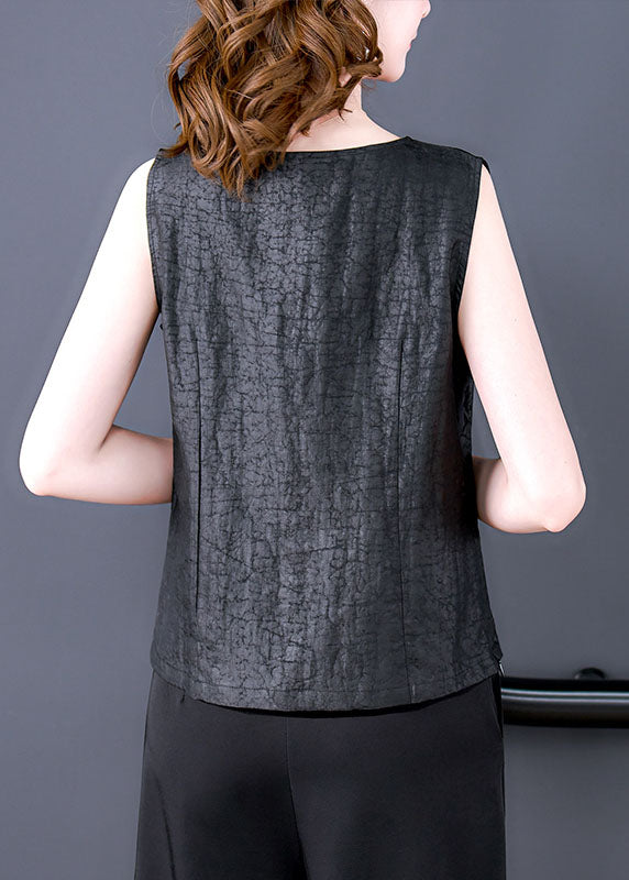 French Black O-Neck Embroideried Patchwork Silk T Shirt Tops Sleeveless LY0428 - fabuloryshop