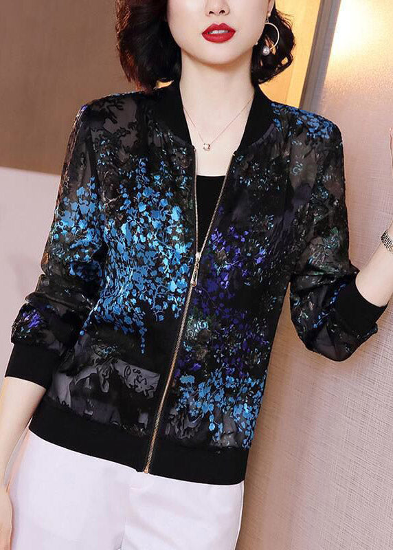 French Black O-Neck Embroideried Zippered Chiffon Coat Long Sleeve LY3782 - fabuloryshop