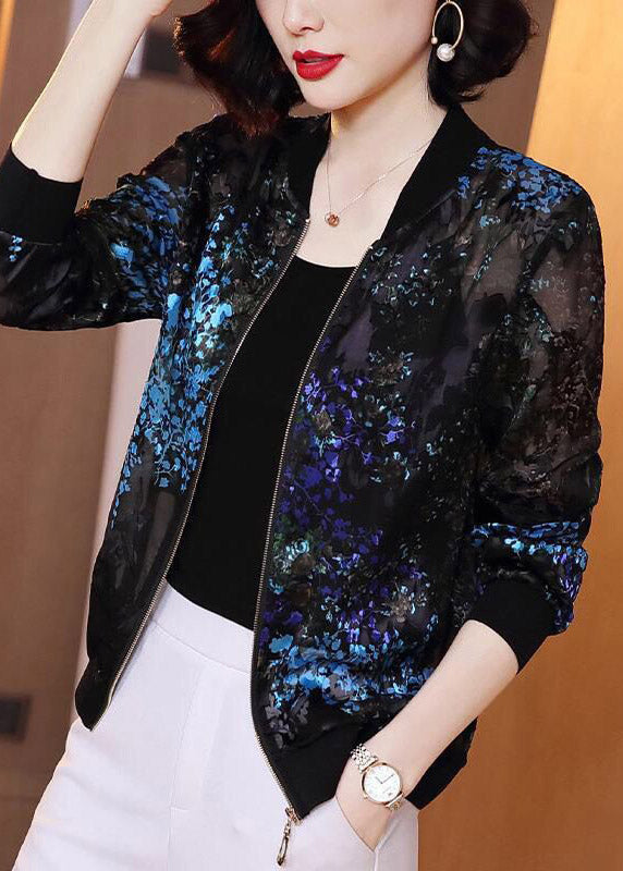 French Black O-Neck Embroideried Zippered Chiffon Coat Long Sleeve LY3782 - fabuloryshop