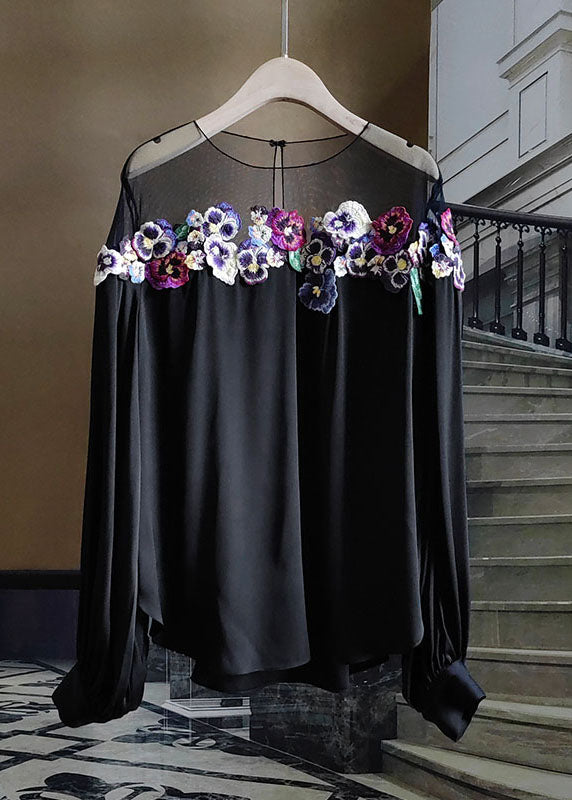 French Black O-Neck Floral Embroideried Patchwork Silk Tops Spring LY1061 - fabuloryshop