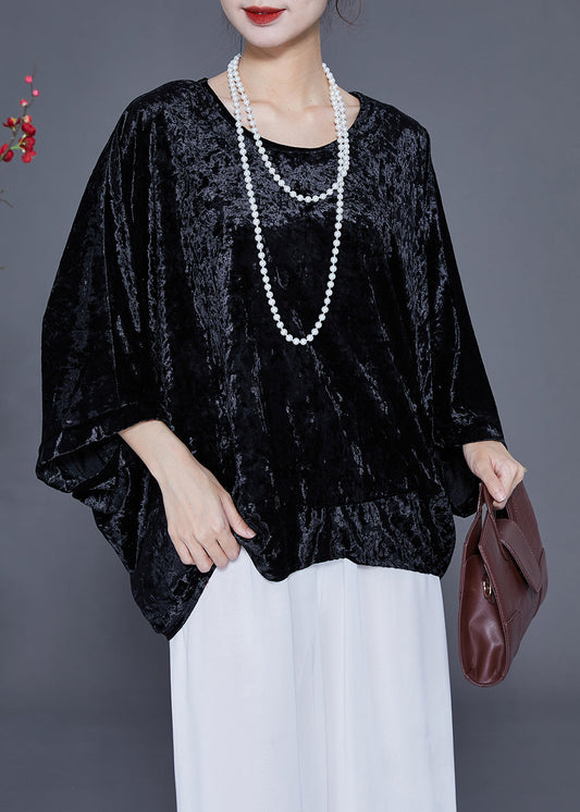 French Black O-Neck Oversized Silk Velour Shirt Tops Batwing Sleeve LY2358 - fabuloryshop