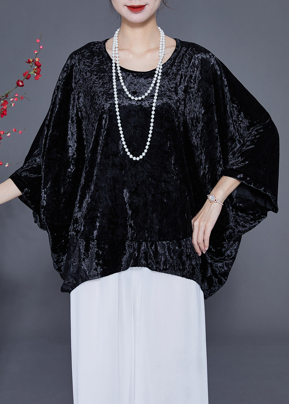 French Black O-Neck Oversized Silk Velour Shirt Tops Batwing Sleeve LY2358 - fabuloryshop