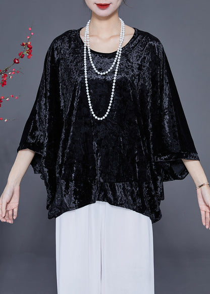 French Black O-Neck Oversized Silk Velour Shirt Tops Batwing Sleeve LY2358 - fabuloryshop