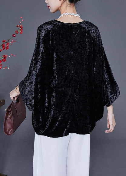 French Black O-Neck Oversized Silk Velour Shirt Tops Batwing Sleeve LY2358 - fabuloryshop