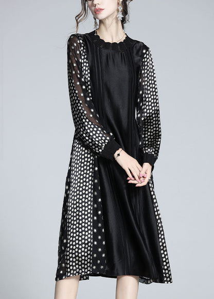 French Black O Neck Patchwork Jacquard Dot Silk Dress Spring LY0972 - fabuloryshop