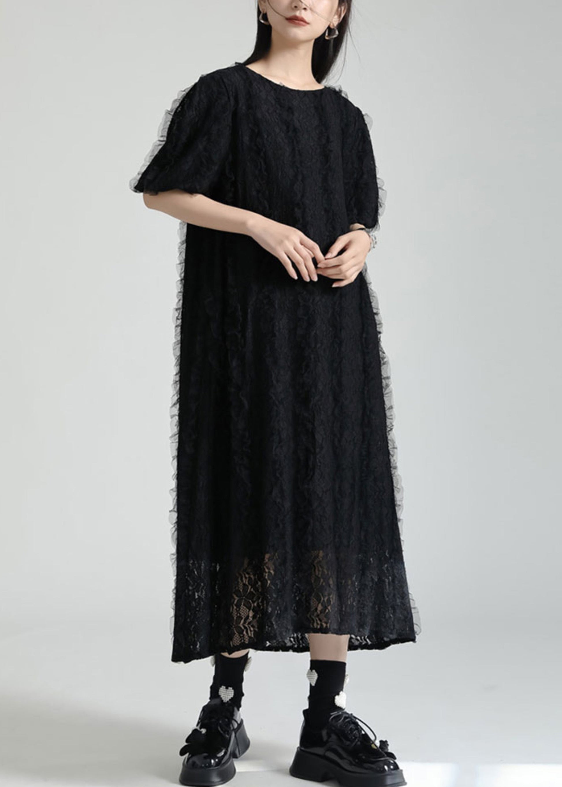 French Black O Neck Patchwork Lace Dresses Summer Ada Fashion