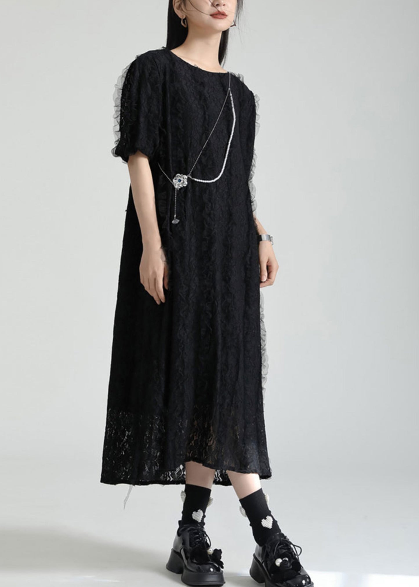 French Black O Neck Patchwork Lace Dresses Summer Ada Fashion