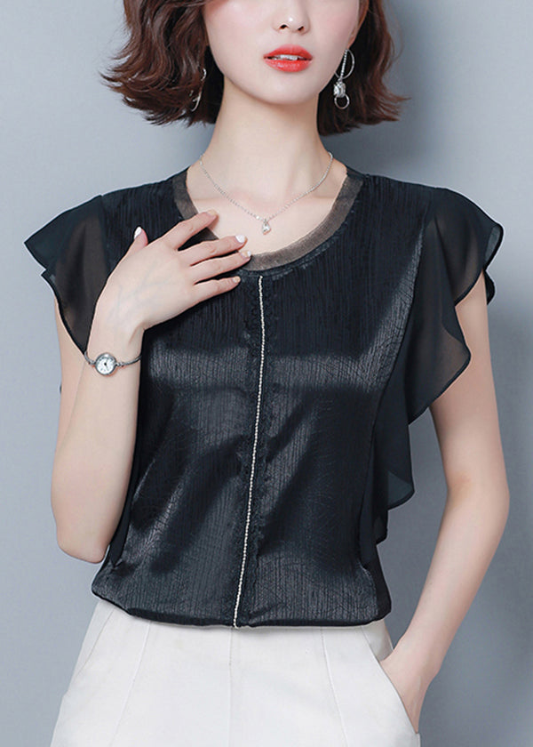 French Black O-Neck Patchwork Ruffles Silk Blouse Top Summer LY0462