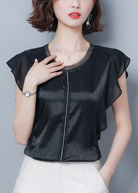 French Black O-Neck Patchwork Ruffles Silk Blouse Top Summer LY0462 - fabuloryshop