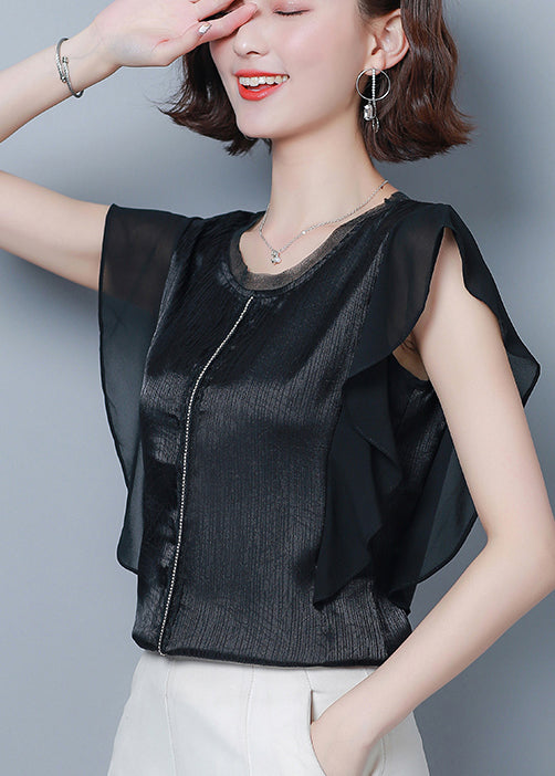 French Black O-Neck Patchwork Ruffles Silk Blouse Top Summer LY0462 - fabuloryshop