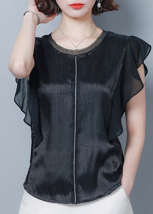 French Black O-Neck Patchwork Ruffles Silk Blouse Top Summer LY0462