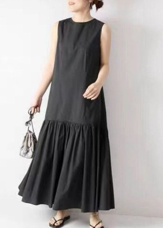 French Black O Neck Patchwork Wrinkled Cotton Dresses Sleeveless LY2126 - fabuloryshop