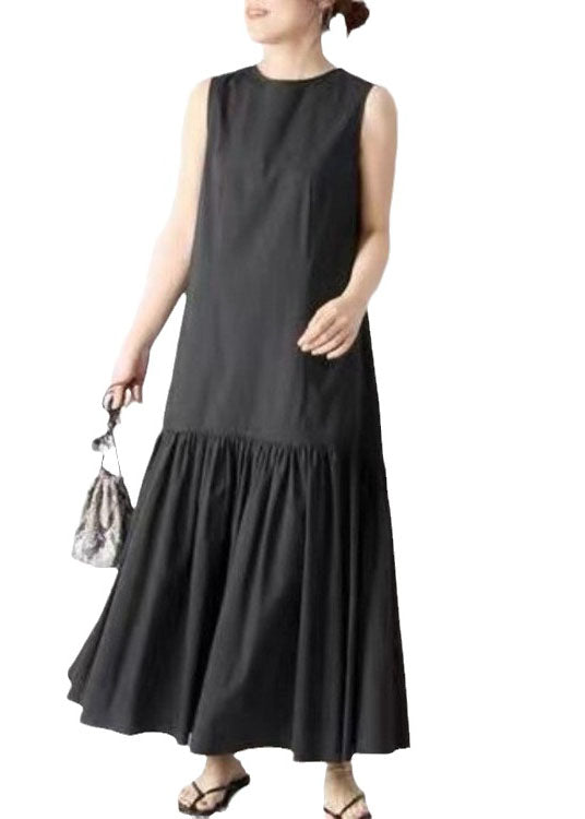 French Black O Neck Patchwork Wrinkled Cotton Dresses Sleeveless LY2126 - fabuloryshop