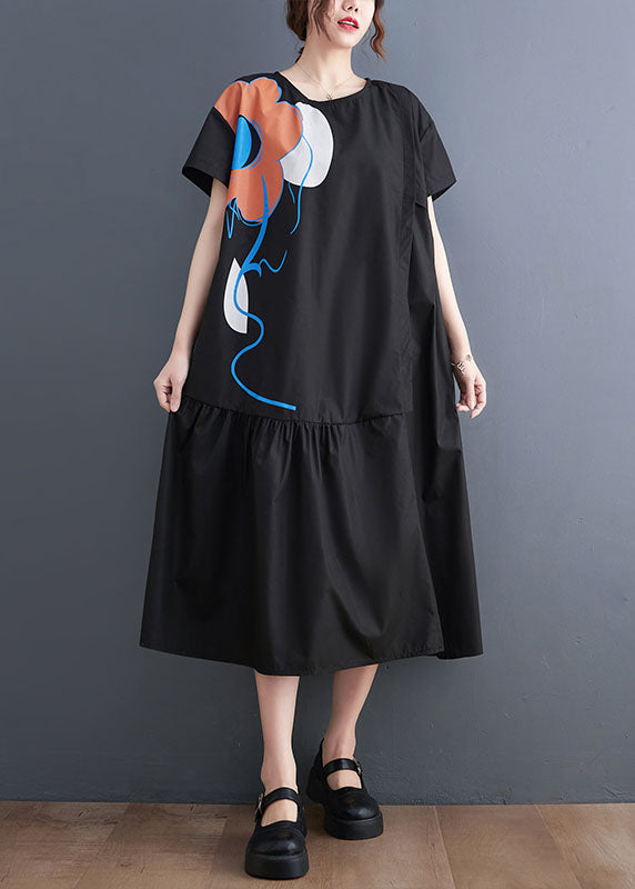 French Black O-Neck Patchwork Wrinkled Cotton Party Dress Summer LY1536 - fabuloryshop
