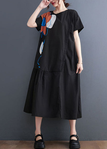 French Black O-Neck Patchwork Wrinkled Cotton Party Dress Summer LY1536 - fabuloryshop