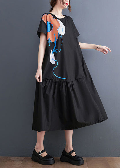 French Black O-Neck Patchwork Wrinkled Cotton Party Dress Summer LY1536 - fabuloryshop