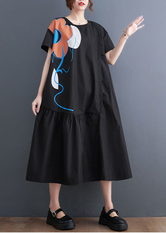 French Black O-Neck Patchwork Wrinkled Cotton Party Dress Summer LY1536 - fabuloryshop