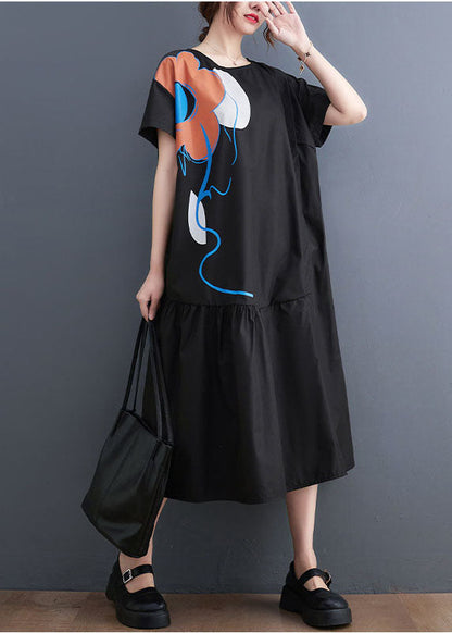 French Black O-Neck Patchwork Wrinkled Cotton Party Dress Summer LY1536 - fabuloryshop