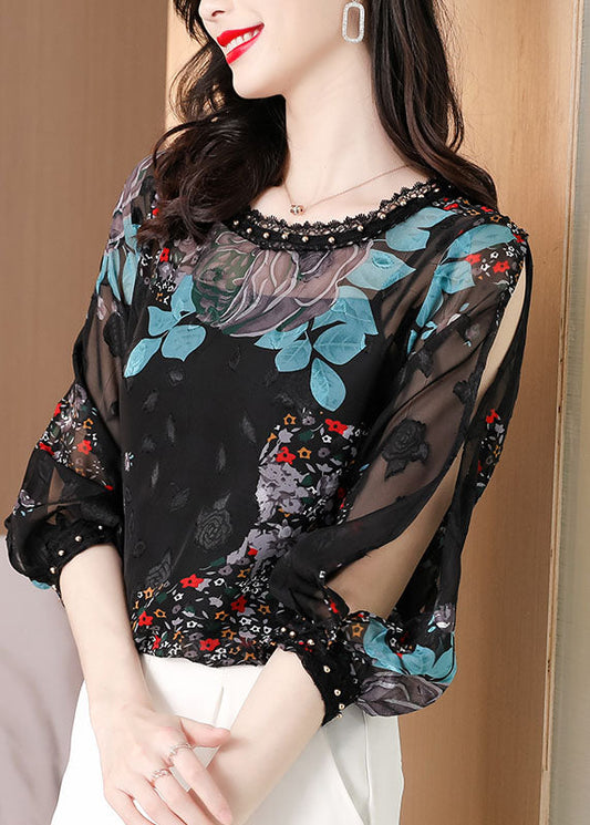 French Black O-Neck Print Lace Patchwork Chiffon Two Pieces Summer LY0475 - fabuloryshop