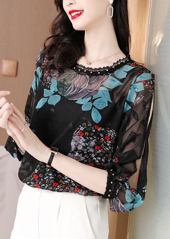 French Black O-Neck Print Lace Patchwork Chiffon Two Pieces Summer LY0475